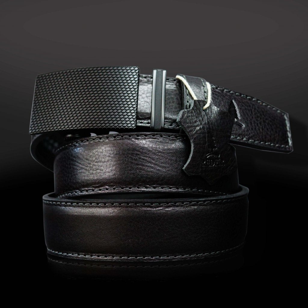 Pánský kožený opasek černý Noir se sponou Black stripes